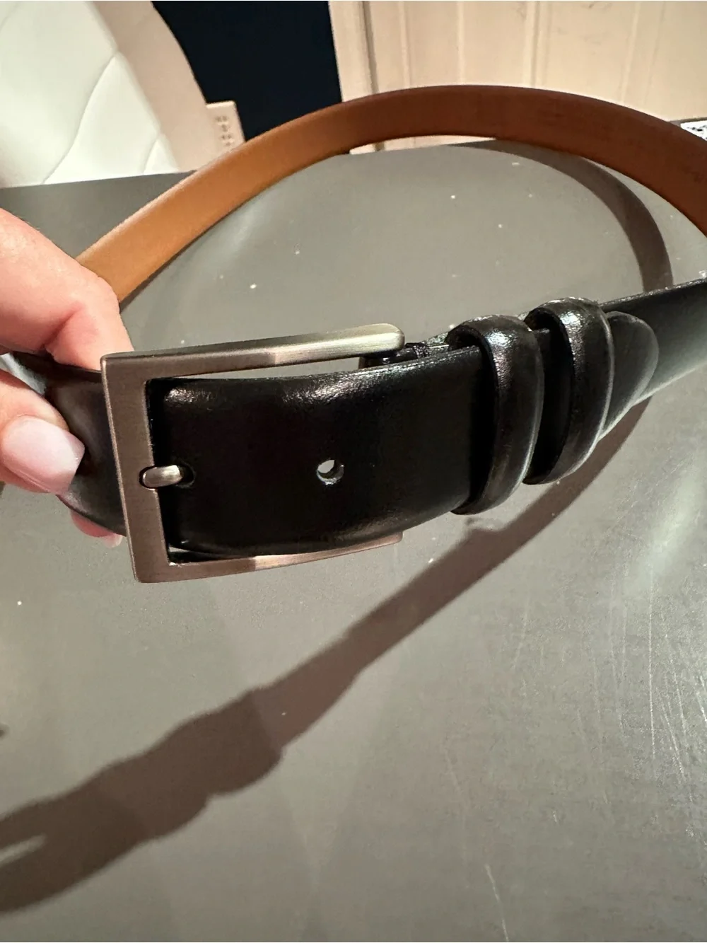 Jos. A. Bank Black Leather Belt with Silver-Tone Buckle and Tan Interior